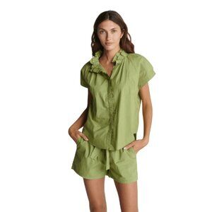Sundays Leah Shirt Blouse Top Womens Medium Sage Green Button Down Short Sleeve